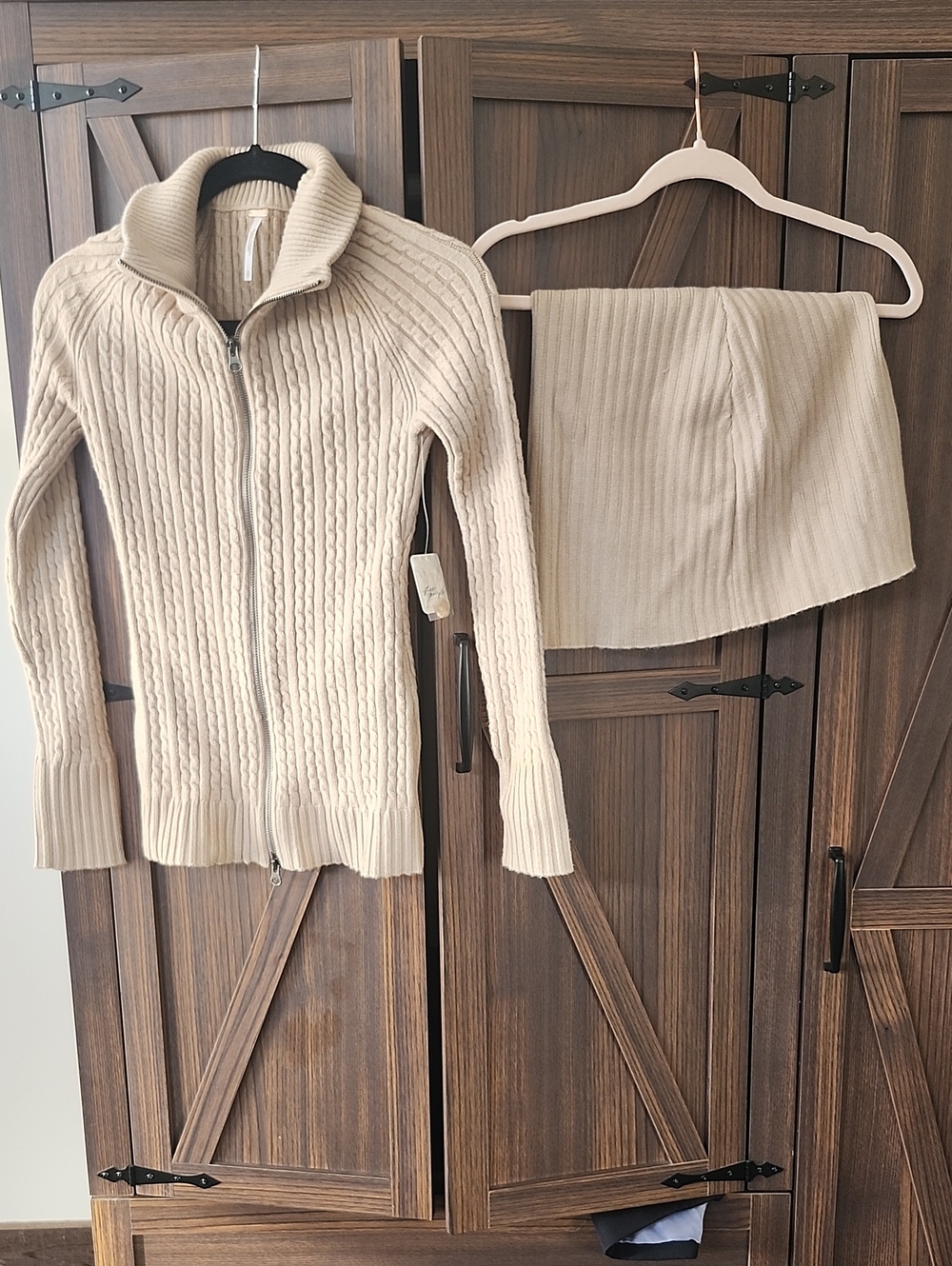 Free People Cream Ribbed Zip-Up Cardigan Set